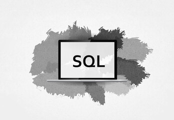Poster - SQL programming language.  word SQL  on laptop and gray background
