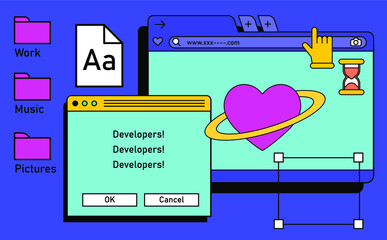 Poster - Retro vaporwave desktop with message boxes and user interface elements. A conceptual illustration of website and application programming.