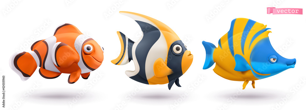 Funny tropical fish. Clownfish, angelfish, butterflyfish 3d vector cartoon icon set - obrazy, fototapety, plakaty 