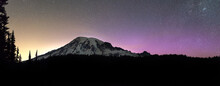 Mt Rainier Under The Stars Forest Silhouette With Northern Lights Aurora