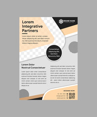 Poster - abstract geometric flyer template use example headline is integrative partners. Vertical layout combined with brown and black elements. Grey background with space for photo collage in triangle shape.