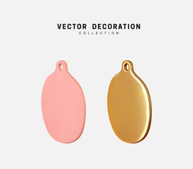 Poster - Clay round shapes flat pink and gold realistic 3d, isolated set of objects on white background. Decorative design elements. Christmas new year toys with place under the text. Vector illustration