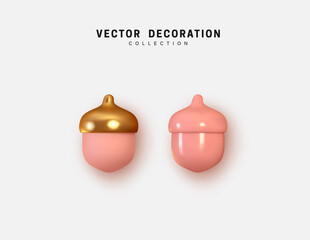 Poster - Acorns pink and gold realistic 3d, isolated set of objects on white background. Vector illustration