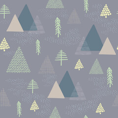 seamless vector winter oliver green background with drawn tree, mountain pattern