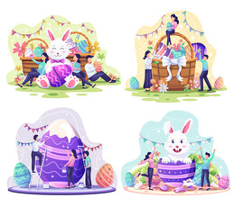 Wall Mural - Set of Happy Easter day. People Celebrate Easter day with bunny, baskets full of easter eggs, flowers and decorations. vector illustration.