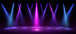Stage illuminated by blue and pink spotlights. Empty scene with spots of light on floor. Vector realistic illustration of studio, theater or club interior with color beams of lamps