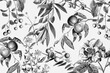 Elegant rose floral pattern black and white fruits vintage illustration