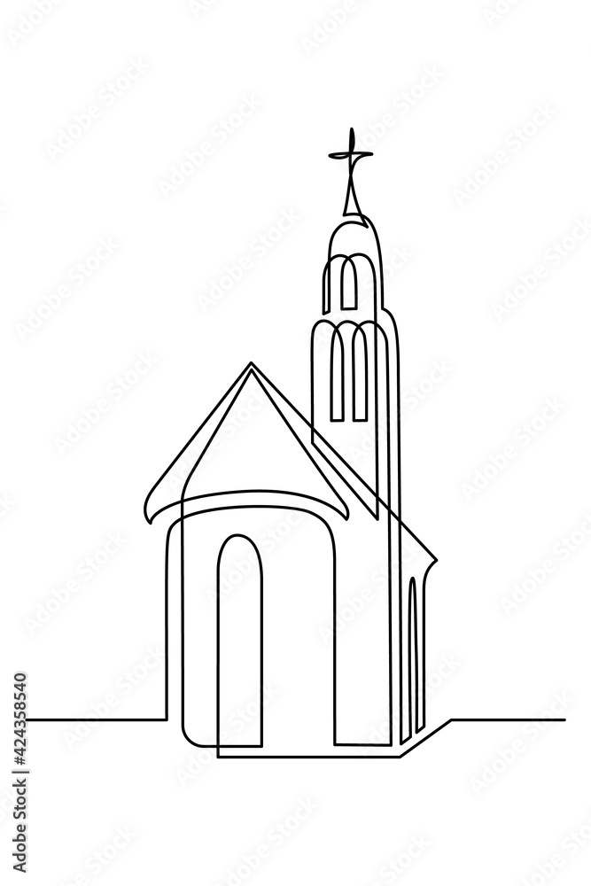 Church in continuous line art drawing style. Abstract church building ...