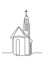 Church In Continuous Line Art Drawing Style. Abstract Church Building With Bell-tower. Minimalist Black Linear Sketch Isolated On White Background. Vector Illustration