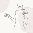 Woman’s upper body line art illustration on gray pastel watercolor background