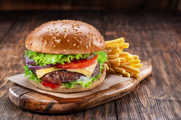 Wall Mural - Delicious burger with  potato fries on a wooden table with a dark brown background behind. Fast food concept.