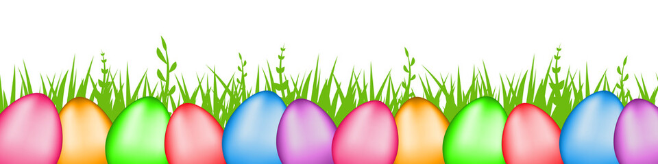 Poster - A set of multi-colored glossy Easter eggs in the grass located at the bottom. 12 colored eggs on an isolated background. Easter, the symbol of the holiday. Stock illustration EPS 10
