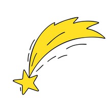 Vector Contour Illustration Of A Doodle-style Comet On An Isolated White Background.The Flight Of A Yellow Star In Space.Drawing For Stickers, Postcards, Decoration, An Element Of Space Decor.