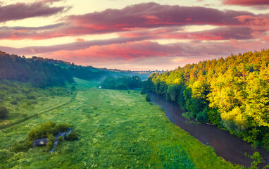 Wall Mural - Beautiful summer scenery. Picturesque morning view of Strypa river, Ukraine, Europe. Amazing landscepe of Ukrainian countryside.