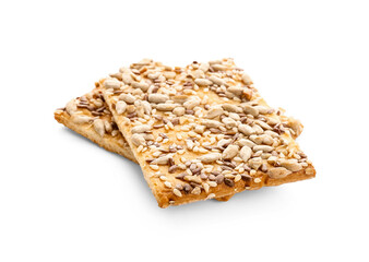 Tasty crackers with seeds on white background