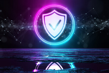 Poster - Digital cyber security holographic icon illuminating the floor with blue and pink neon light 3D rendering