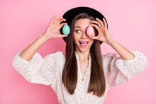 Photo Of Pretty Impressed Young Lady Wear White Outfit Cap Easter Eggs Close Eye Isolated Pink Color Background