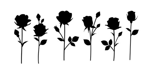 Aufkleber - Flower icon. Set of decorative garden rose with bud and leaves silhouette isolated on white. Vector stock illustration.	