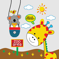 Wall Mural - giraffe playing outdoors his friends cartoon 