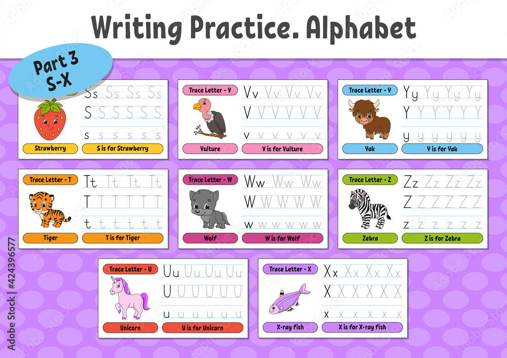 Writing letters. Set tracing page. Practice sheet. Worksheet for kids ...