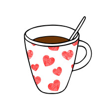 Hand Drawing Outline Vector Illustration Of A Cup Of Hot Tea Or Coffee With A Teaspoon And A Red Scribble Heart Pattern Isolated On A White Background