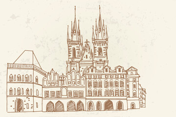 Wall Mural - Vector sketch of  The Church of Our Lady before Tyn , Prague, Czech Republic.