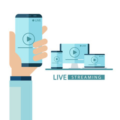 Poster - Video player window live streaming. Hand holding smartphone with play button on screen. Desktop computer, laptop and tablet. Vector illustration for online broadcast, streaming service.