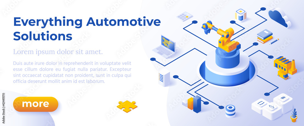 EVERYTHING AUTOMOTIVE SOLUTIONS - Isometric Design in Trendy Colors Isometrical Icons on Blue Background. Banner Layout Template for Website Development - obrazy, fototapety, plakaty 