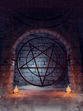 Dark Dungeon With Chains And A Metal Pentagram And With Skull Candles. 3D Render.