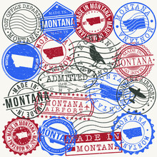 Montana, USA Set Of Stamps. Travel Passport Stamps. Made In Product. Design Seals In Old Style Insignia. Icon Clip Art Vector Collection.