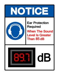 Wall Mural - Notice Ear Protection Required When The Sound Level Is Greater Than 85 dB Symbol Sign,Vector Illustration, Isolate On White Background Label. EPS10