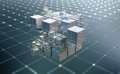 Fototapete - Blockchain, big data, data processing, cloud database. Virtuality and AI. Information blocks, digital, financial, internet technologies. 3D illustration of decentralized blocks in one cluster