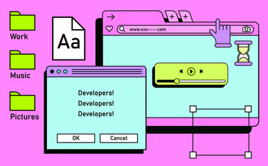 Poster - Retro vaporwave desktop with message boxes and user interface elements. A conceptual illustration of website and application programming.