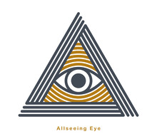 All Seeing Eye In Triangle Pyramid Vector Ancient Symbol In Modern Linear Style Isolated On White, Eye Of God, Masonic Sign, Secret Knowledge Illuminati.