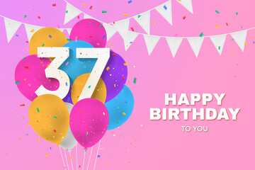 Happy 37th birthday balloons greeting card background. 37 years anniversary. 37th celebrating with confetti. Illustration stock