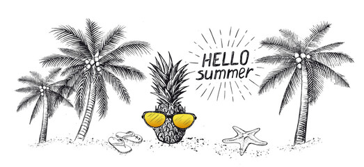 Hello PARTY, palm tree, glasses, pineapple. Hand drawn illustration.	