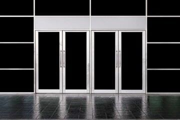 Wall Mural - Large aluminum door frames and black stone floor at the entrance to the building