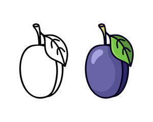 Aufkleber - Plum doodle icon. Linear and color version. Black simple illustration of garden fruit with leaf. Contour isolated vector pictogram on white background