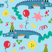 Hand Drawn Birthday Party Blue Crocodile Alligator Digital Clipart Cute Seamless Pattern