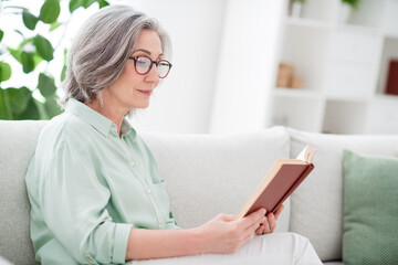 Sticker - Portrait of positive woman sit on sofa reading interesting book enjoy free time weekend home indoors