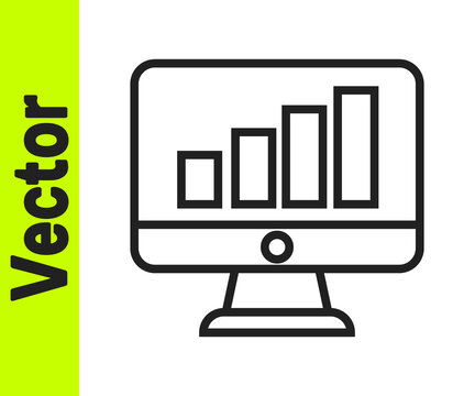 Black line Computer monitor with graph chart icon isolated on white background. Report text file. Accounting sign. Audit, analysis, planning. Vector