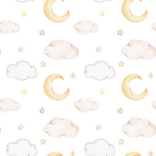 Seamless Pattern With Cartoon Moon, Clouds And Stars; Watercolor And Pencil Hand Drawn Illustration; With White Isolated Background