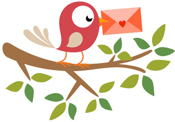 Wall Mural - Happy bird on branch tree holding a valentine envelope