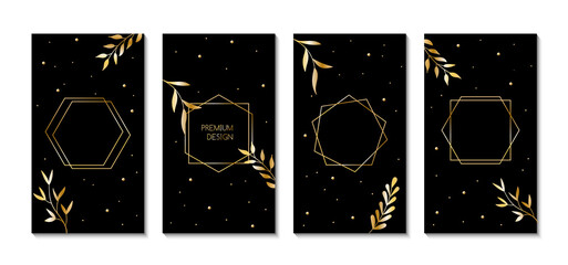 Sticker - Dark vector backgrounds for social media stories with golden frames and leaves. Premium design templates for instagram