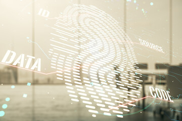 Poster - Double exposure of virtual creative fingerprint hologram on a modern meeting room background, research and development concept