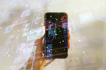 Poster - Double exposure of abstract creative programming illustration and hand with cellphone on background, big data and blockchain concept