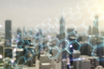 Poster - Abstract virtual wireless technology hologram with hexagon on blurry skyscrapers background, artificial intelligence and machine learning concept. Multi exposure