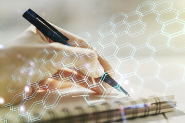 Poster - Creative abstract technology sketch with hexagon grid and woman hand writing in notepad on background, future technology and AI concept. Double exposure
