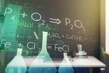 Poster - Creative chemistry illustration and modern desktop with pc on background, science and research concept. Multiexposure