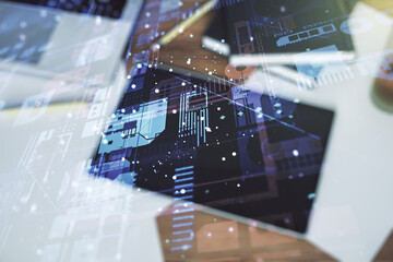 Poster - Multi exposure of abstract graphic coding sketch and modern digital tablet on desktop on background, top view, big data and networking concept